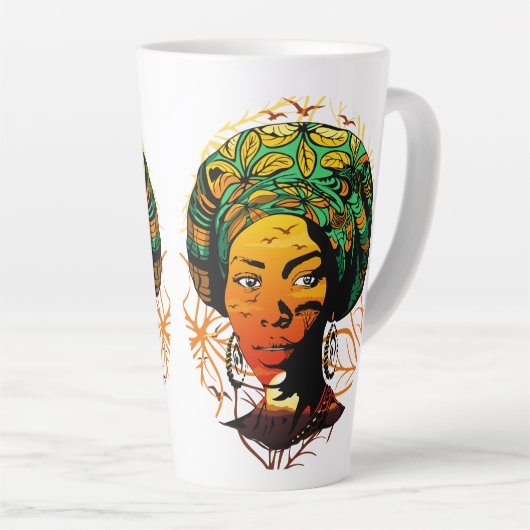 Afrikaans vrouwenportret met zonsondergang latte mok (Rechterhoek)