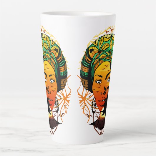 Afrikaans vrouwenportret met zonsondergang latte mok (Voorkant)