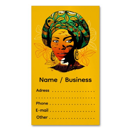Afrikaans vrouwenportret met zonsondergang magnetisch visitekaartje (Voorkant Verticaal)