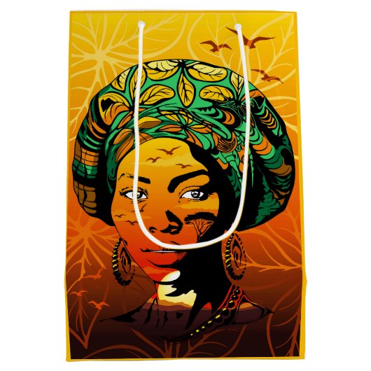 Afrikaans vrouwenportret met zonsondergang medium cadeauzakje (Achterkant)