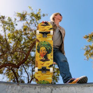 Afrikaans vrouwenportret met zonsondergang persoonlijk skateboard