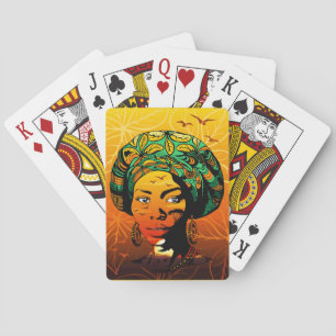 Afrikaans vrouwenportret met zonsondergang pokerkaarten