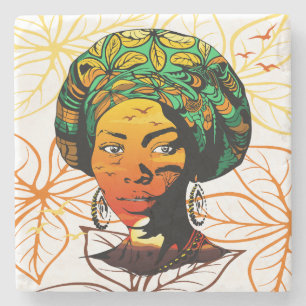 Afrikaans vrouwenportret met zonsondergang stenen onderzetter