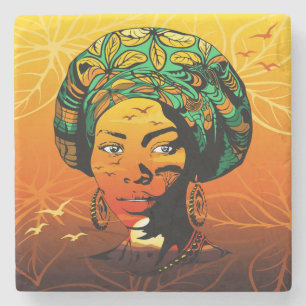 Afrikaans vrouwenportret met zonsondergang stenen onderzetter