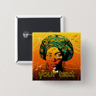 Afrikaans vrouwenportret met zonsondergang vierkante button 5,1 cm