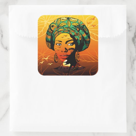Afrikaans vrouwenportret met zonsondergang vierkante sticker (Tas)