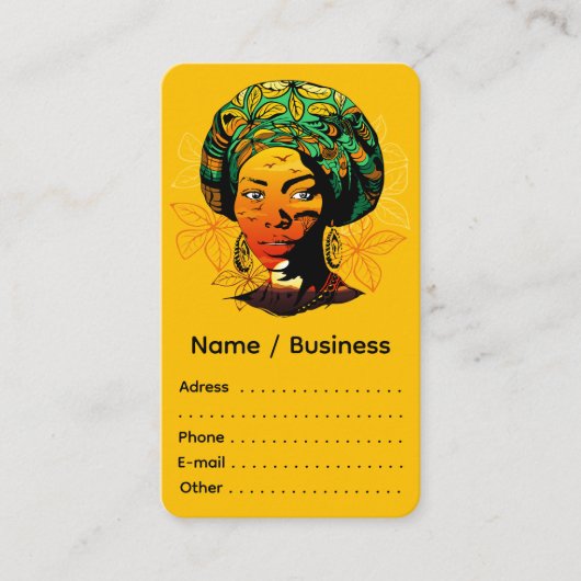 Afrikaans vrouwenportret met zonsondergang visitekaartje (Voorkant)
