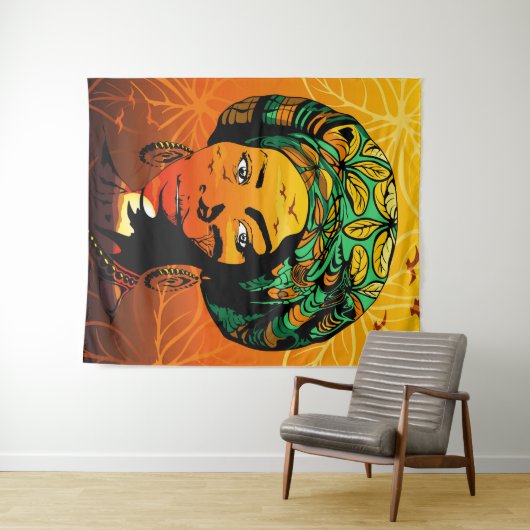 Afrikaans vrouwenportret met zonsondergang wandkleed (In Situ (horizontaal))