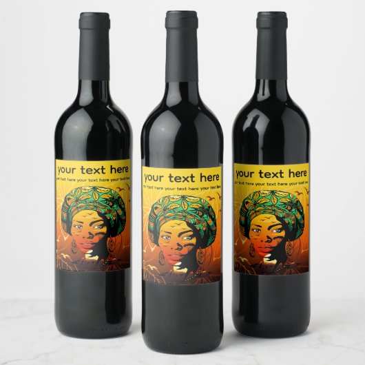 Afrikaans vrouwenportret met zonsondergang wijn etiket (Flessen)