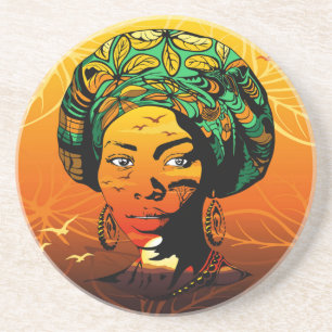 Afrikaans vrouwenportret met zonsondergang zandsteen onderzetter