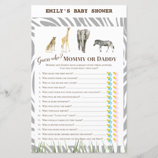 Afrikaans Wilde Baby shower Game PRINED (Voorkant)
