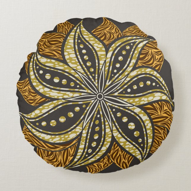 Afrikaanse Abstracte Bloemen Batik Stijl Rond Kussen (Voorkant)
