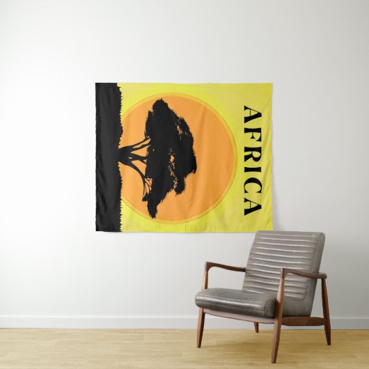 Afrikaanse acaciaboom tegen een Oranje zonsonderga Wandkleed (In Situ (horizontaal))