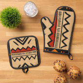 Afrikaanse achtergrond in warme kleuren ovenwant & pannenlap set (Top down)