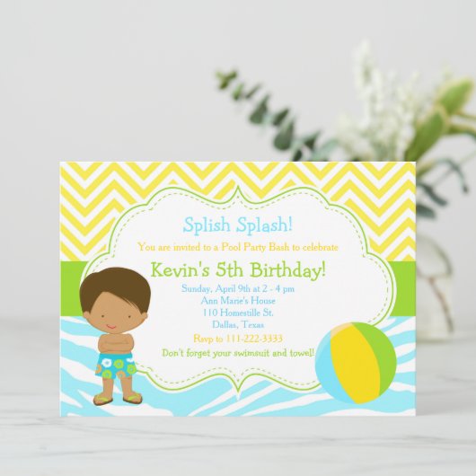 Afrikaanse American Boy Pool Party Basparty Kaart (Staand voorkant)