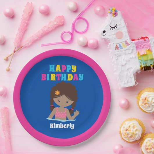 Afrikaanse American Swimming Girl Pool Party Birth Papieren Bordje (Feest)