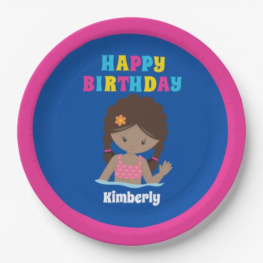 Afrikaanse American Swimming Girl Pool Party Birth Papieren Bordje (Voorkant)