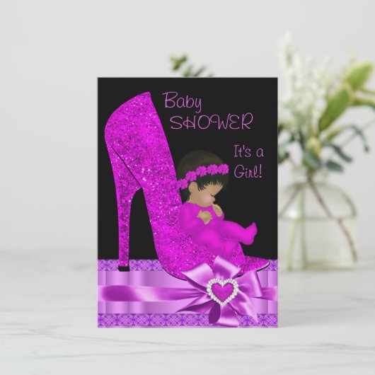 Afrikaanse Amerikaanse Baby shower Girl Pink Paars Kaart (Staand voorkant)