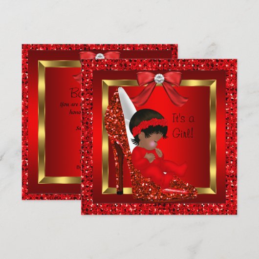 Afrikaanse Amerikaanse Baby shower Girl Red Glitte Kaart (Voorkant / Achterkant)
