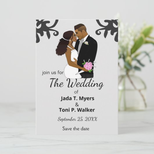 Afrikaanse Amerikaanse bride en Groom Silver Weddi Kaart (Staand voorkant)