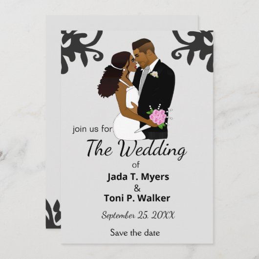 Afrikaanse Amerikaanse bride en Groom Silver Weddi Kaart (Voorkant / Achterkant)