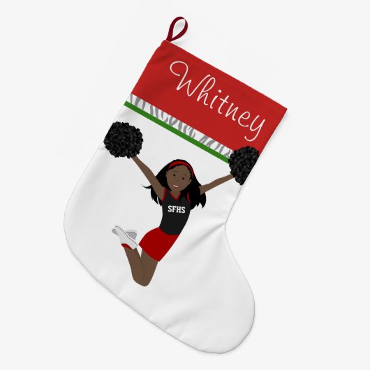 Afrikaanse Amerikaanse Cheerleader in het rood en Grote Kerstsok (Voorkant (Hangend))