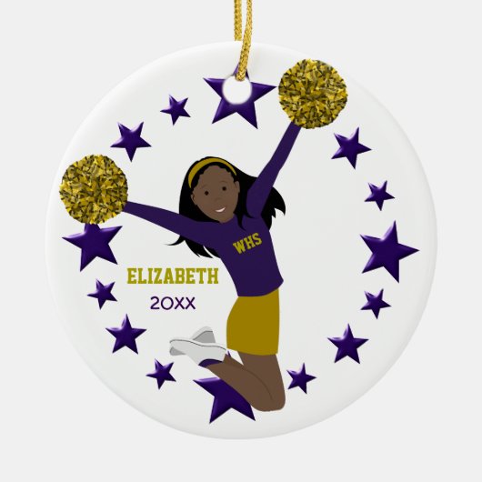 Afrikaanse Amerikaanse Cheerleader Paars & Gold Keramisch Ornament (Voorkant)