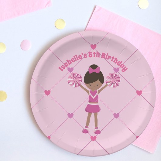 Afrikaanse Amerikaanse Cheerleader Pink Birthday P Papieren Bordje