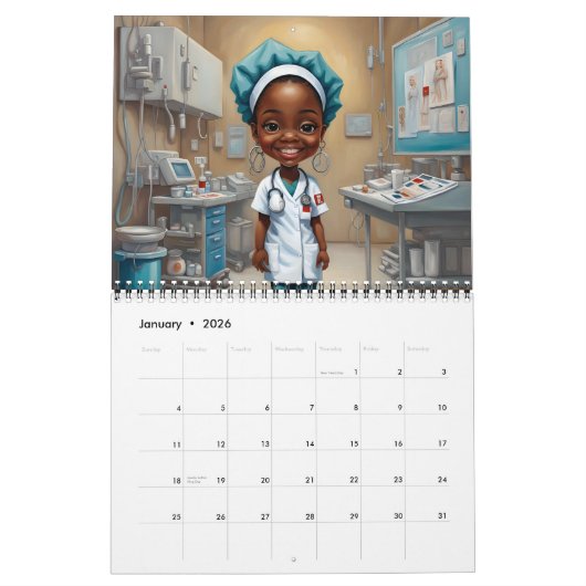 Afrikaanse Amerikaanse Chibi Medische Personeelska Kalender (Jan 2026)