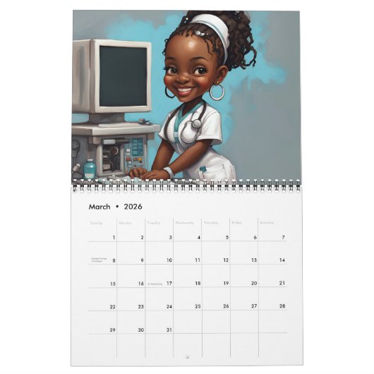 Afrikaanse Amerikaanse Chibi Medische Personeelska Kalender (Mar 2026)