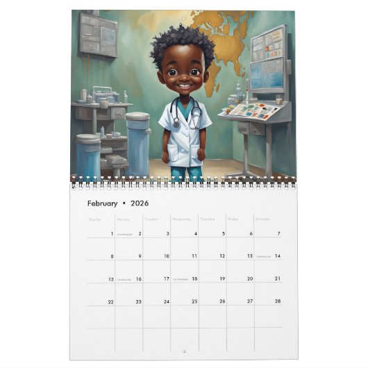 Afrikaanse Amerikaanse Chibi Medische Personeelska Kalender (Feb 2026)