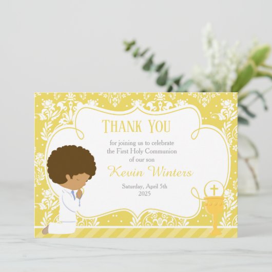 Afrikaanse Amerikaanse Eerste CommunieDamask Bedankkaart (Staand voorkant)