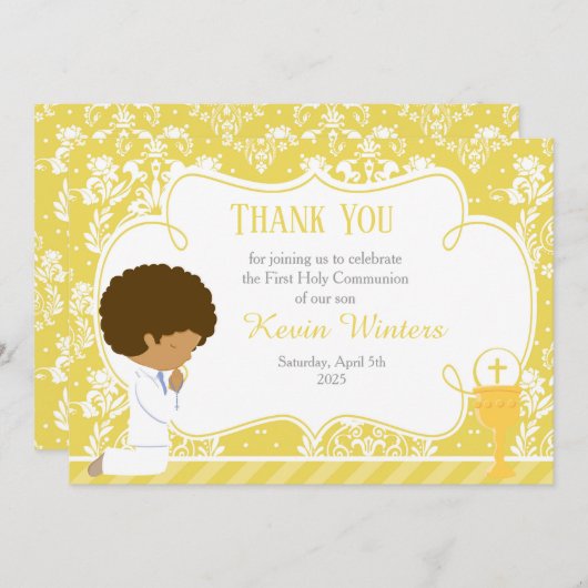 Afrikaanse Amerikaanse Eerste CommunieDamask Bedankkaart (Voorkant / Achterkant)