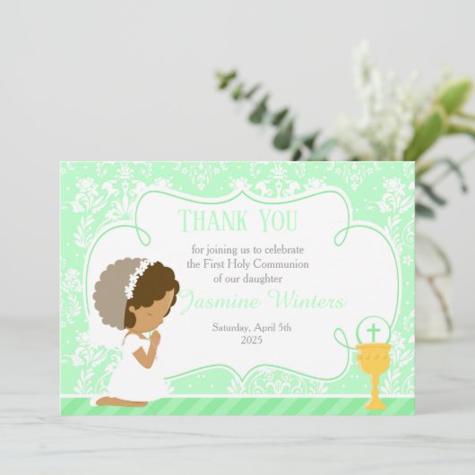 Afrikaanse Amerikaanse Eerste CommunieDamask Bedankkaart (Staand voorkant)