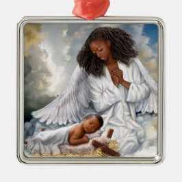 Afrikaanse Amerikaanse engel en Baby Jesus Metalen Ornament