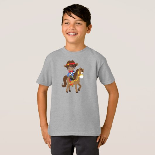 Afrikaanse Amerikaanse jongen, cowboy, sheriff, pa T-shirt (Voorkant volledig)