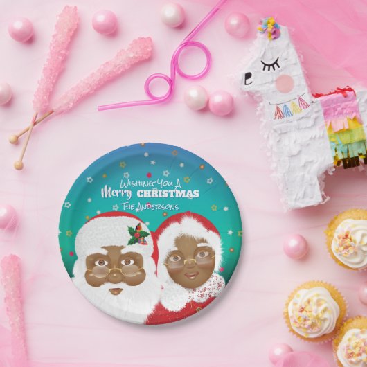 Afrikaanse Amerikaanse kerstman en Mrs Claus Papieren Bordje (Feest)