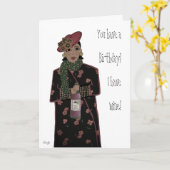 Afrikaanse Amerikaanse Lady Wine Birthday Kaart (Gele Bloem)