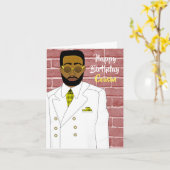 Afrikaanse Amerikaanse mannetje in White Suit Birt Kaart (Gele Bloem)