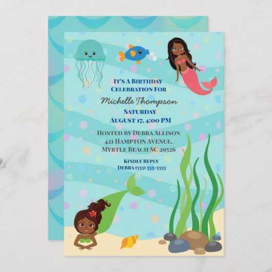 Afrikaanse Amerikaanse mermaïde Birthday Partij Kaart (Voorkant / Achterkant)