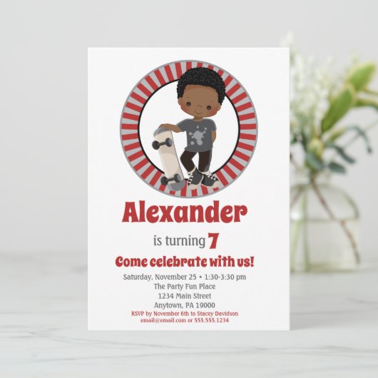 Afrikaanse Amerikaanse skateboard Boy Birthday Kaart (Staand voorkant)