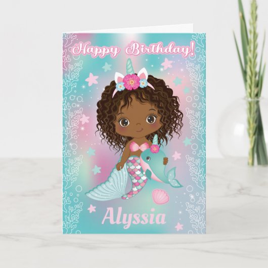 Afrikaanse Amerikaanse Unicorn Mermaid Birthday-ka Kaart (Voorkant)