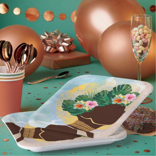 Afrikaanse Amerikaanse Vrouw Floral Crown Papieren Bordje (Multi)