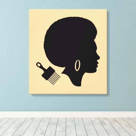 AFRIKAANSE AMERIKAANSE VROUW MET AFRO EN AFRO PICK CANVAS AFDRUK (Insitu (Houten vloer))