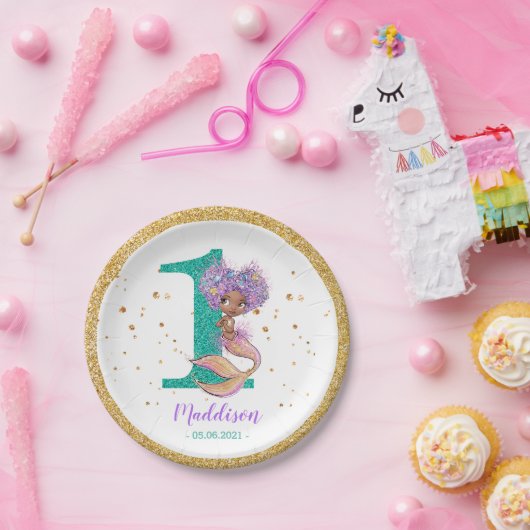 Afrikaanse Amerikaanse Zeemeermin 1e Birthday Pape Papieren Bordje (Feest)