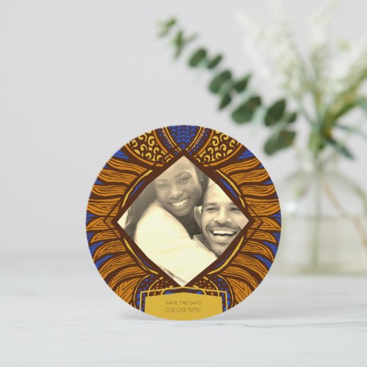 Afrikaanse Ankara Blauw Goud Bloemen Save the Date (Staand voorkant)