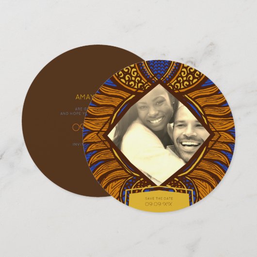 Afrikaanse Ankara Blauw Goud Bloemen Save the Date (Voorkant / Achterkant)