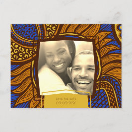 Afrikaanse Ankara Blauw Goud Bloemen Save the Date Aankondigingskaart