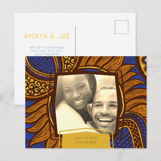 Afrikaanse Ankara Blauw Goud Bloemen Save the Date Aankondigingskaart (Voorkant / Achterkant)