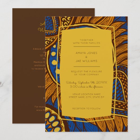 Afrikaanse Ankara Blauwe Bloemen Bruiloft Uitnodig Kaart (Voorkant / Achterkant)